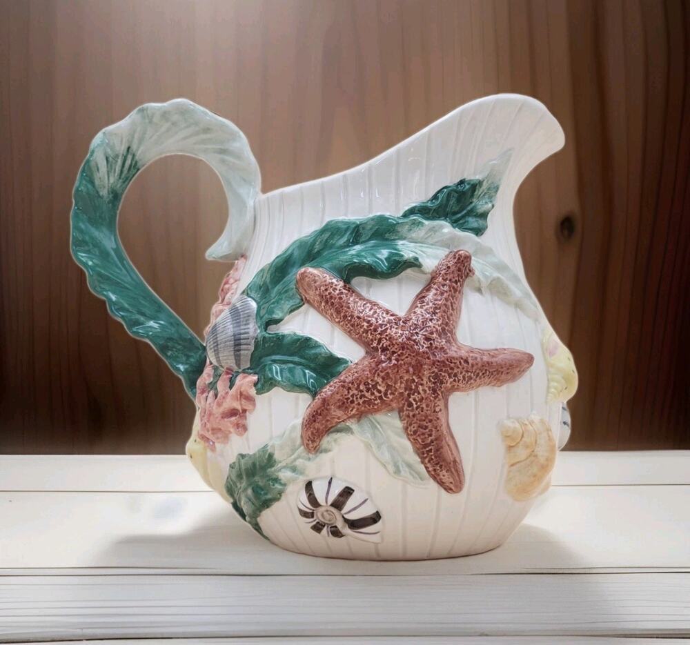 Vtg Fitz and Floyd Fish Market Pitcher 1992 Nautical Seashells Starfish 2.25 QT